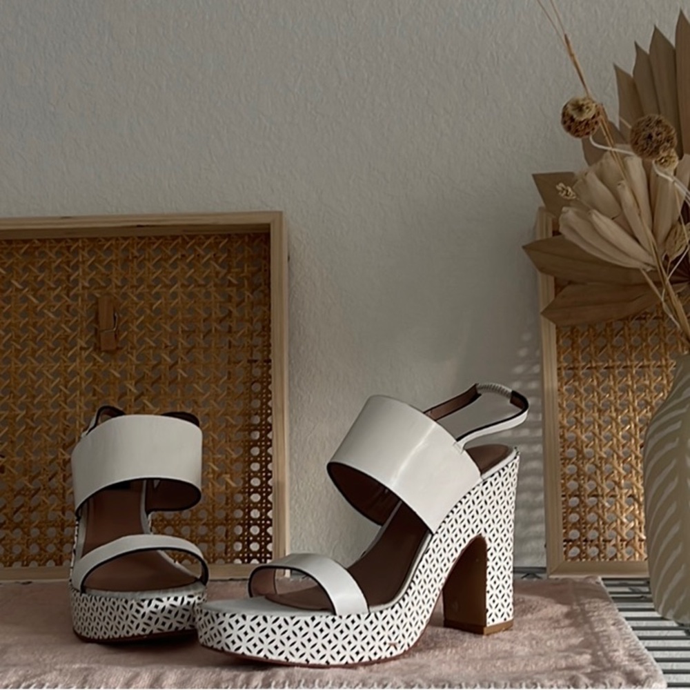 Zac Posen White Chunky Heel Sandals, square toe